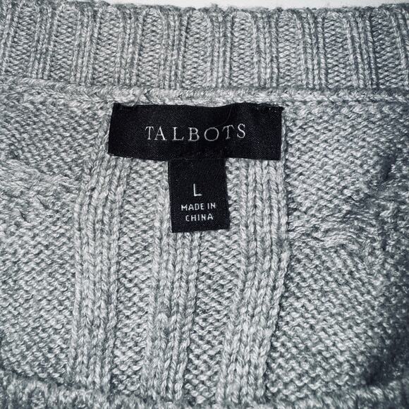 TALBOTS Large Chunky Cable Knit Striped Gray Silver Button Pullover Sweater Top - Picture 5 of 6